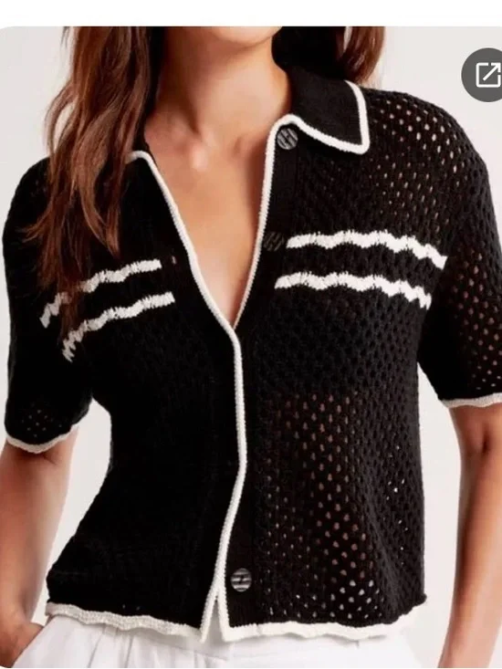 Abercrombie Knit Polo Cardigan XL Black White Cropped Open Knit - Picture 1 of 4